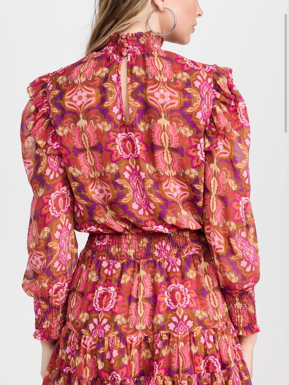 Misa Los Angeles Pink & Brown Floral Ruffle Neck Dress - Picture 2 of 7